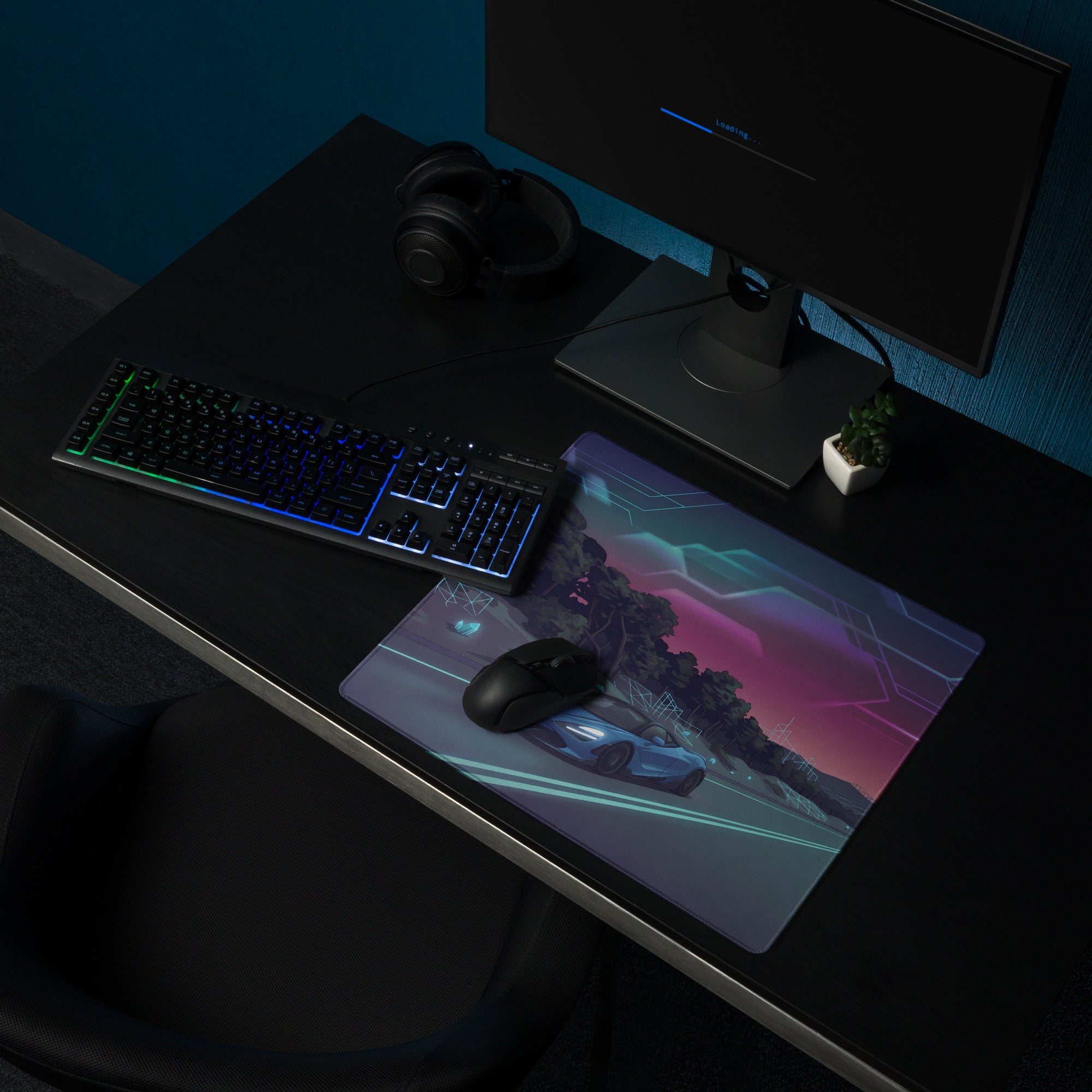 McLaren 720S Inspired Blue Vaporwave Gaming Mouse Pad – Neon Highway Desk Mat, Dreamy Retro Futuristic Forest Landscape Digital Supercar Art