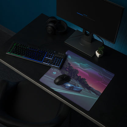 McLaren 720S Inspired Blue Vaporwave Gaming Mouse Pad – Neon Highway Desk Mat, Dreamy Retro Futuristic Forest Landscape Digital Supercar Art