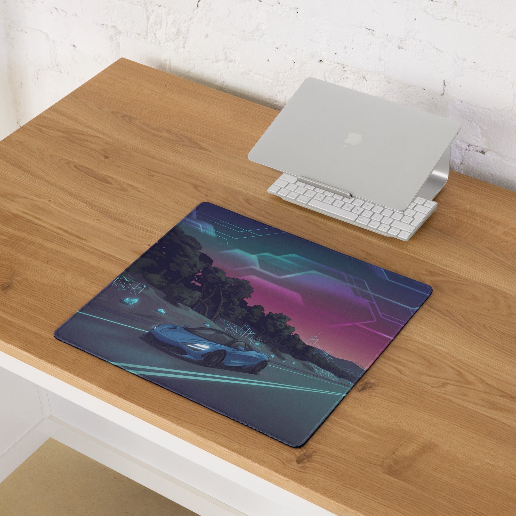 McLaren 720S Inspired Blue Vaporwave Gaming Mouse Pad – Neon Highway Desk Mat, Dreamy Retro Futuristic Forest Landscape Digital Supercar Art