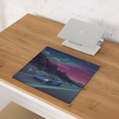 McLaren 720S Inspired Blue Vaporwave Gaming Mouse Pad – Neon Highway Desk Mat, Dreamy Retro Futuristic Forest Landscape Digital Supercar Art