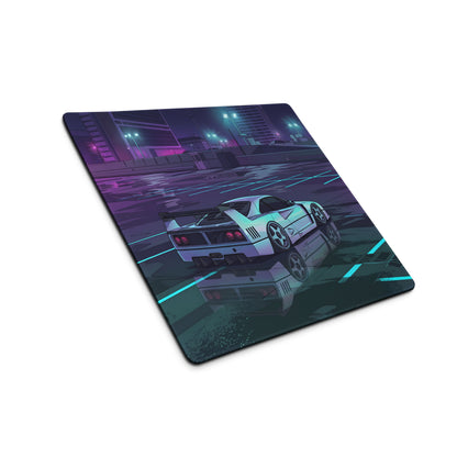 Ferrari F40 Inspired White Purple Vaporwave Gaming Mouse Pad – Neon Rainy City Desk Mat, Retro Futuristic Supercar Digital Artwork