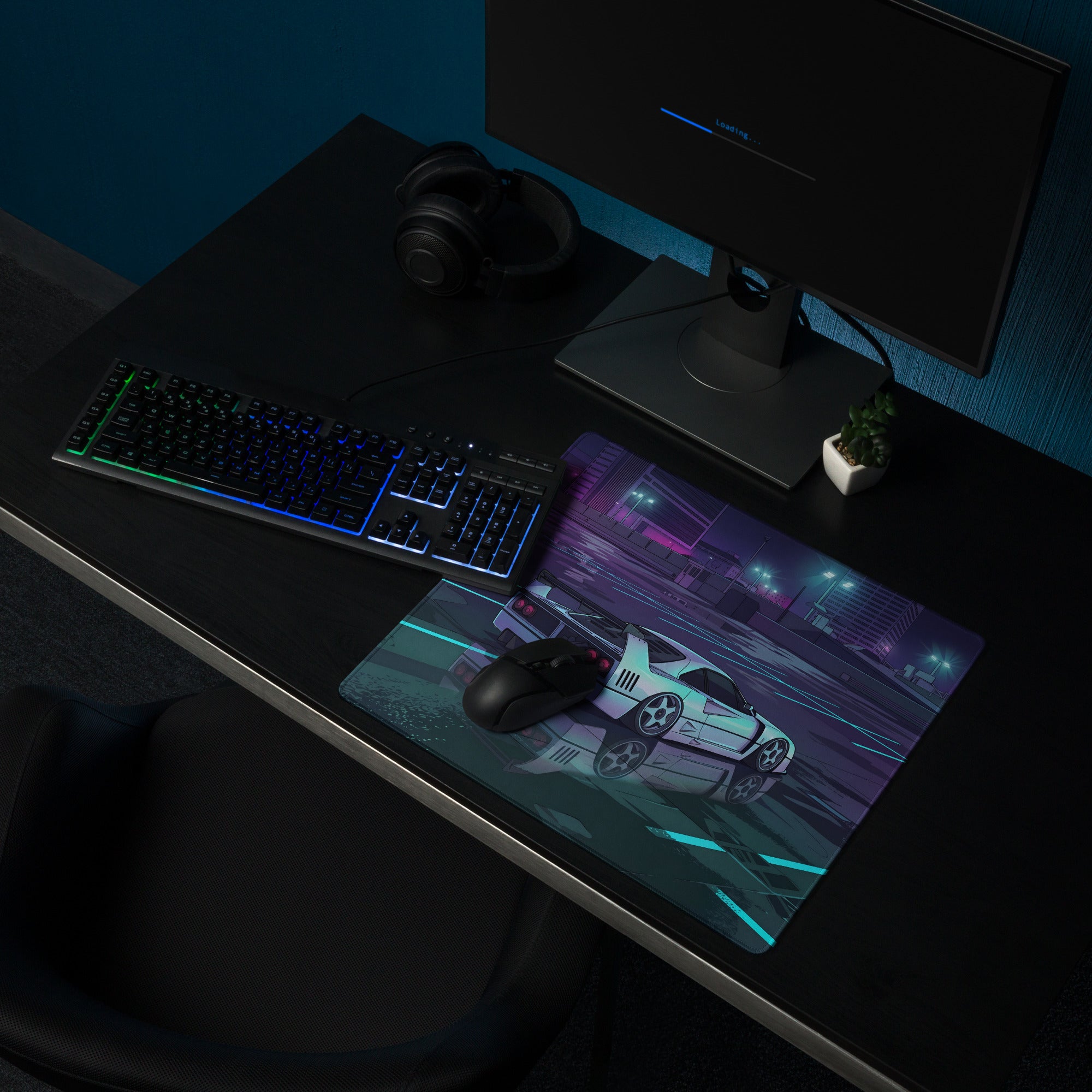 Ferrari F40 Inspired White Purple Vaporwave Gaming Mouse Pad – Neon Rainy City Desk Mat, Retro Futuristic Supercar Digital Artwork