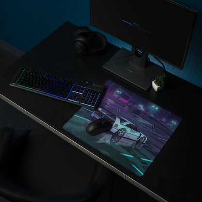 Ferrari F40 Inspired White Purple Vaporwave Gaming Mouse Pad – Neon Rainy City Desk Mat, Retro Futuristic Supercar Digital Artwork