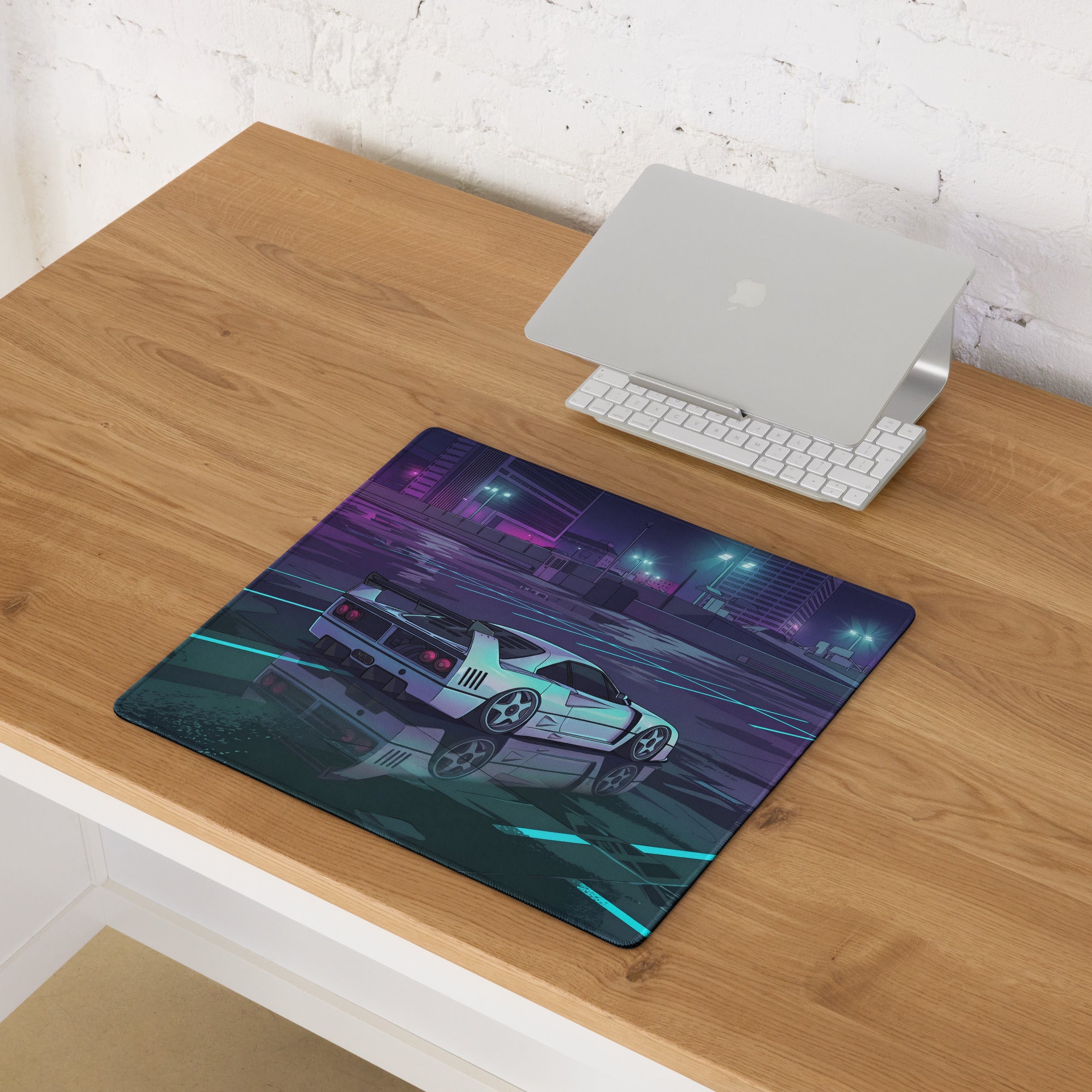 Ferrari F40 Inspired White Purple Vaporwave Gaming Mouse Pad – Neon Rainy City Desk Mat, Retro Futuristic Supercar Digital Artwork