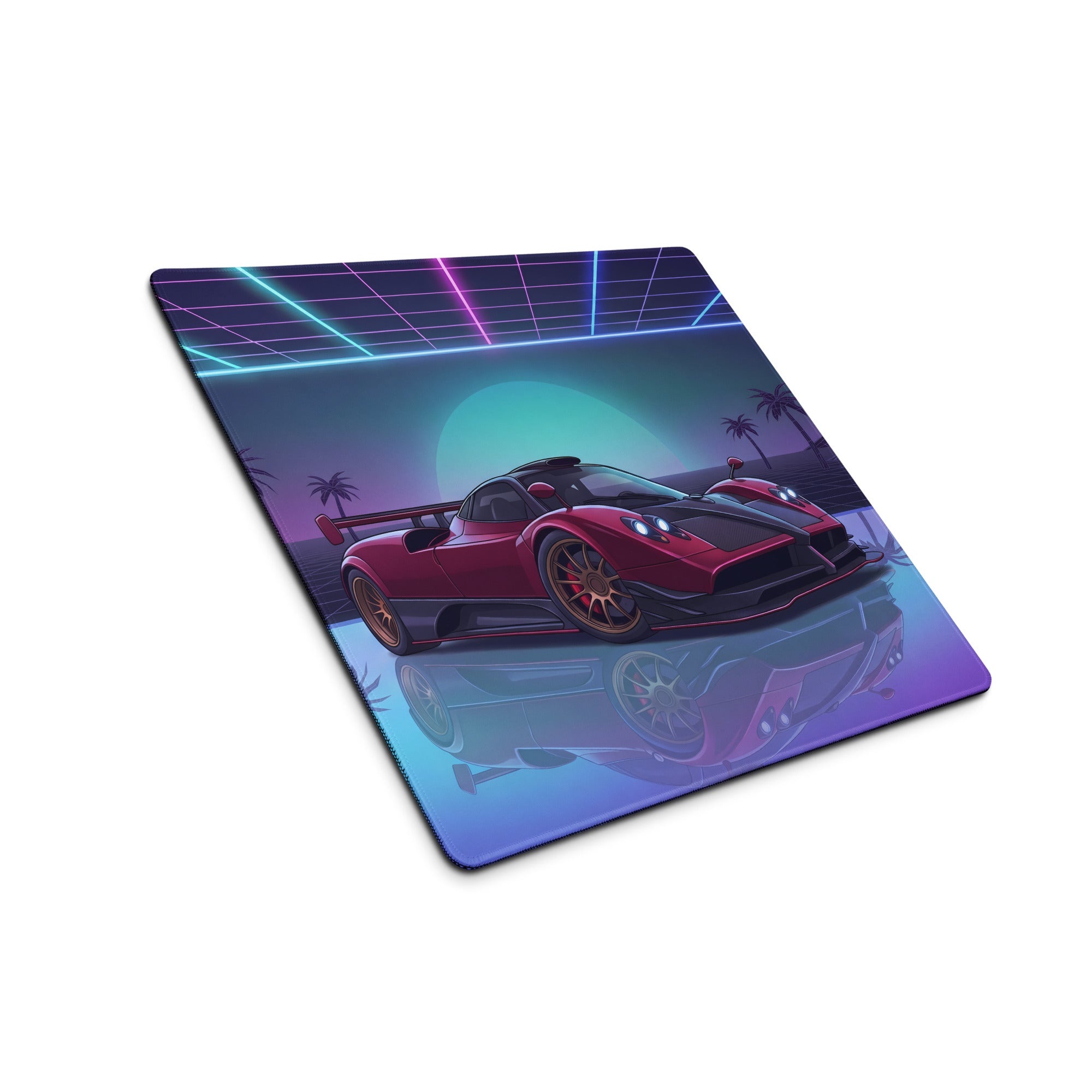 Pagani Zonda R Inspired Red Purple Vaporwave Gaming Mouse Pad – Neon Sunset Grid Desk Mat, Retro Futuristic Supercar Digital Artwork