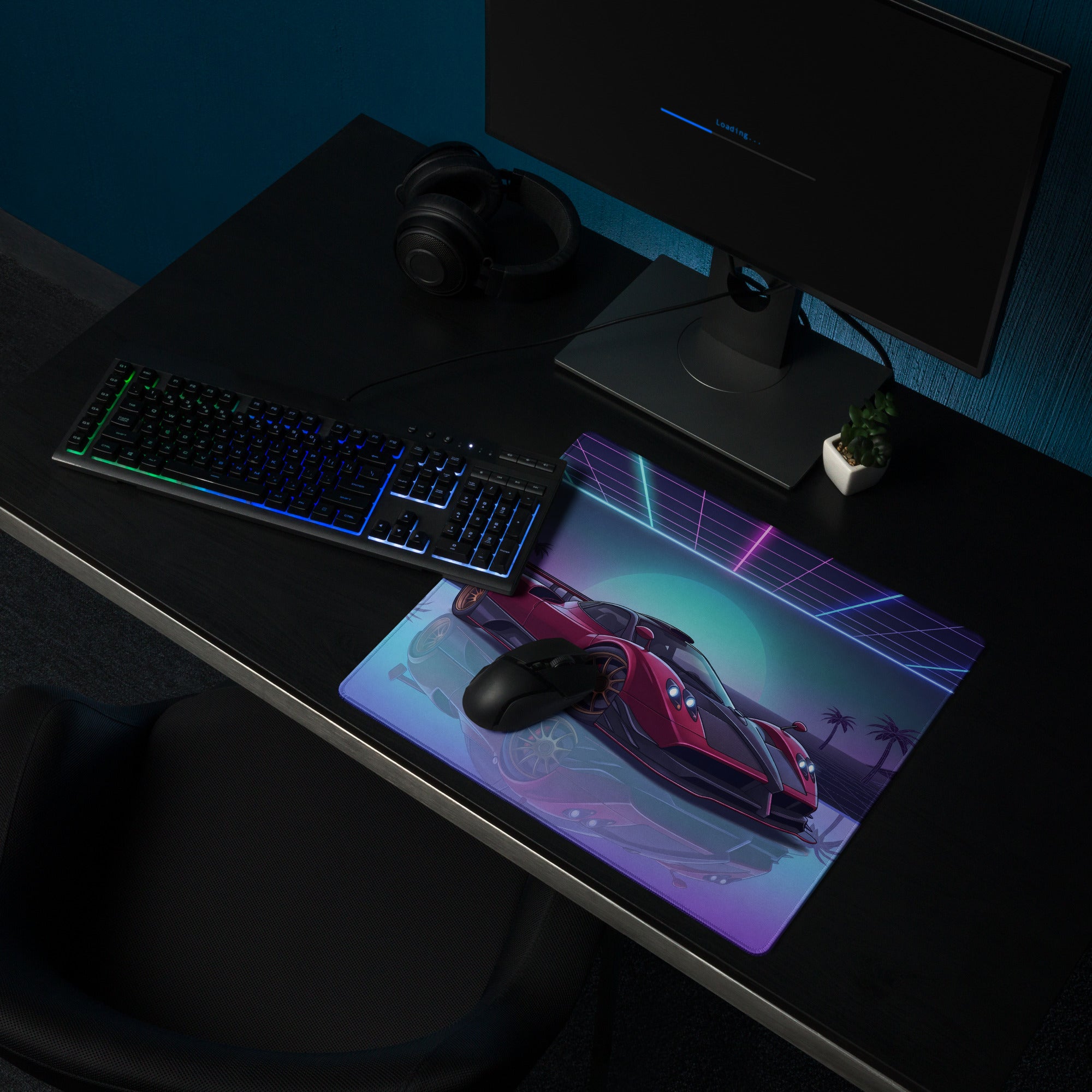 Pagani Zonda R Inspired Red Purple Vaporwave Gaming Mouse Pad – Neon Sunset Grid Desk Mat, Retro Futuristic Supercar Digital Artwork