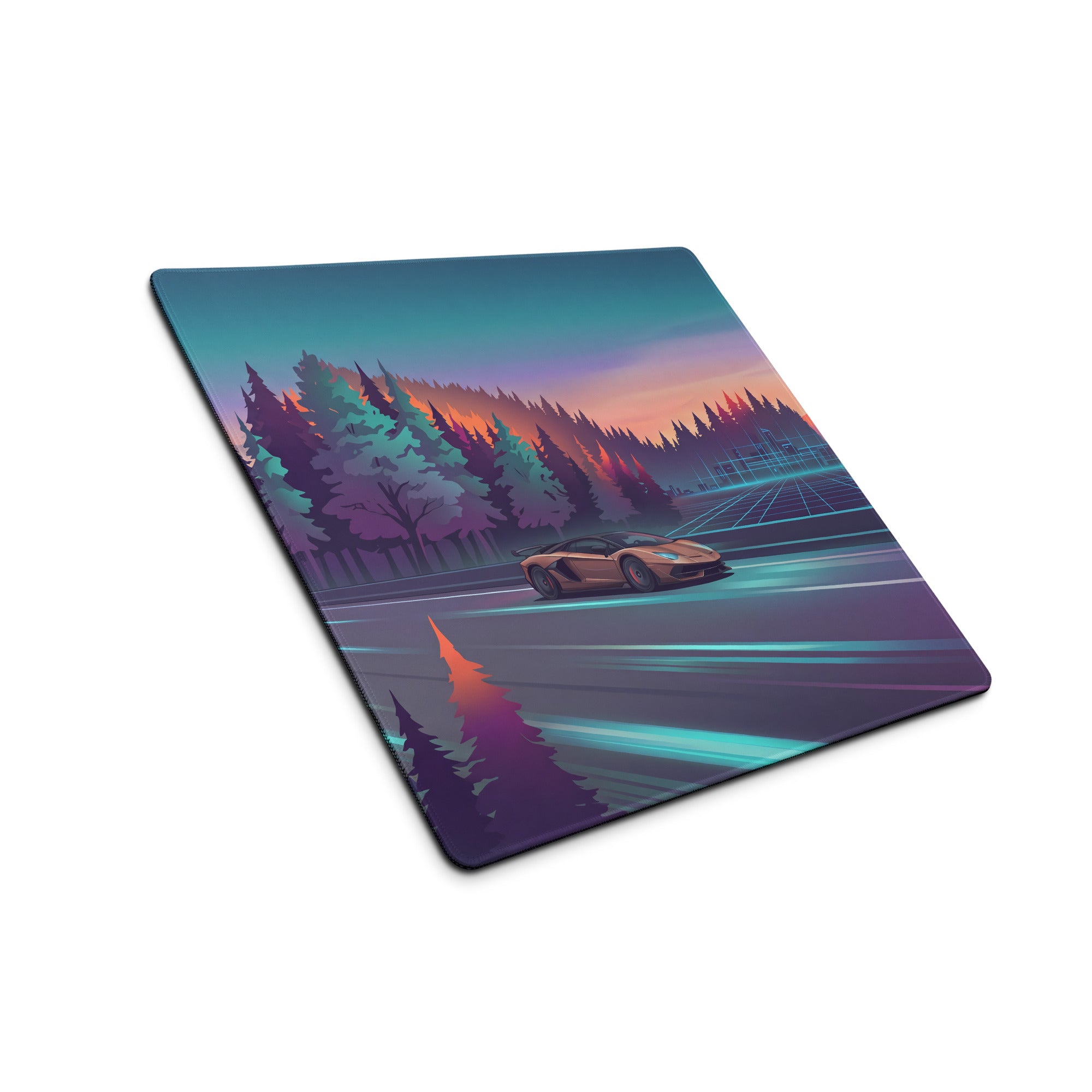 Lamborghini Aventador SVJ Inspired Bronze Vaporwave Gaming Mouse Pad – Neon Forest Highway Desk Mat, Retro Futuristic Supercar Landscape Art