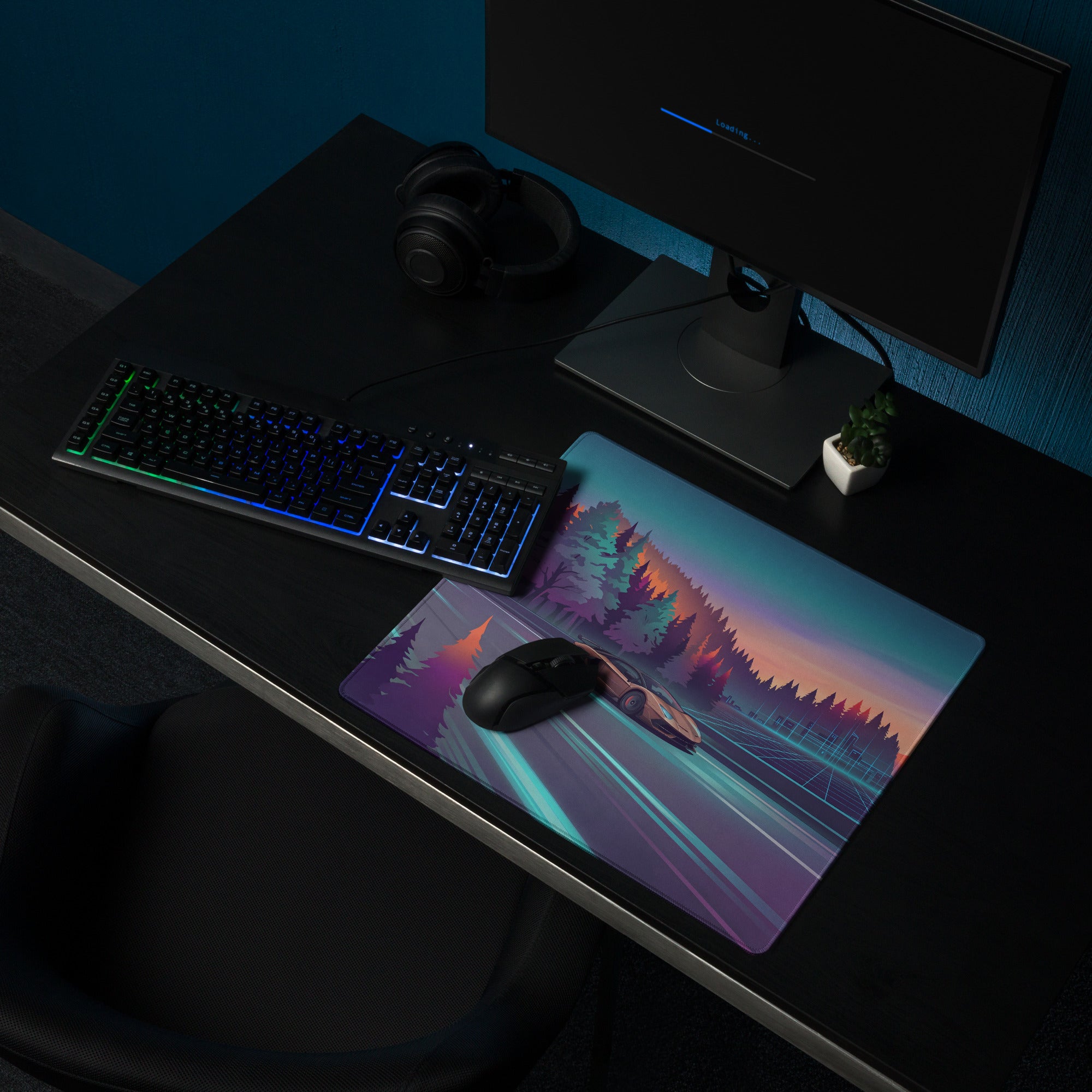 Lamborghini Aventador SVJ Inspired Bronze Vaporwave Gaming Mouse Pad – Neon Forest Highway Desk Mat, Retro Futuristic Supercar Landscape Art
