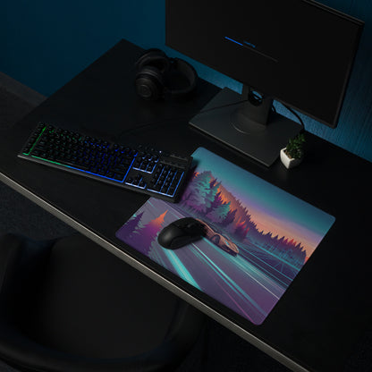 Lamborghini Aventador SVJ Inspired Bronze Vaporwave Gaming Mouse Pad – Neon Forest Highway Desk Mat, Retro Futuristic Supercar Landscape Art