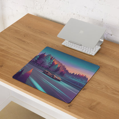 Lamborghini Aventador SVJ Inspired Bronze Vaporwave Gaming Mouse Pad – Neon Forest Highway Desk Mat, Retro Futuristic Supercar Landscape Art
