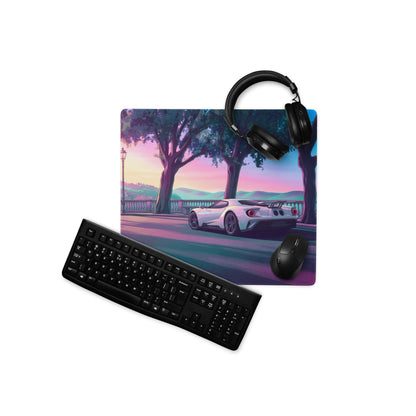 Ford GT Inspired White Pink Vaporwave Gaming Mouse Pad – Dreamy Sunset Boulevard Desk Mat, Retro Futuristic Supercar Digital Landscape Art