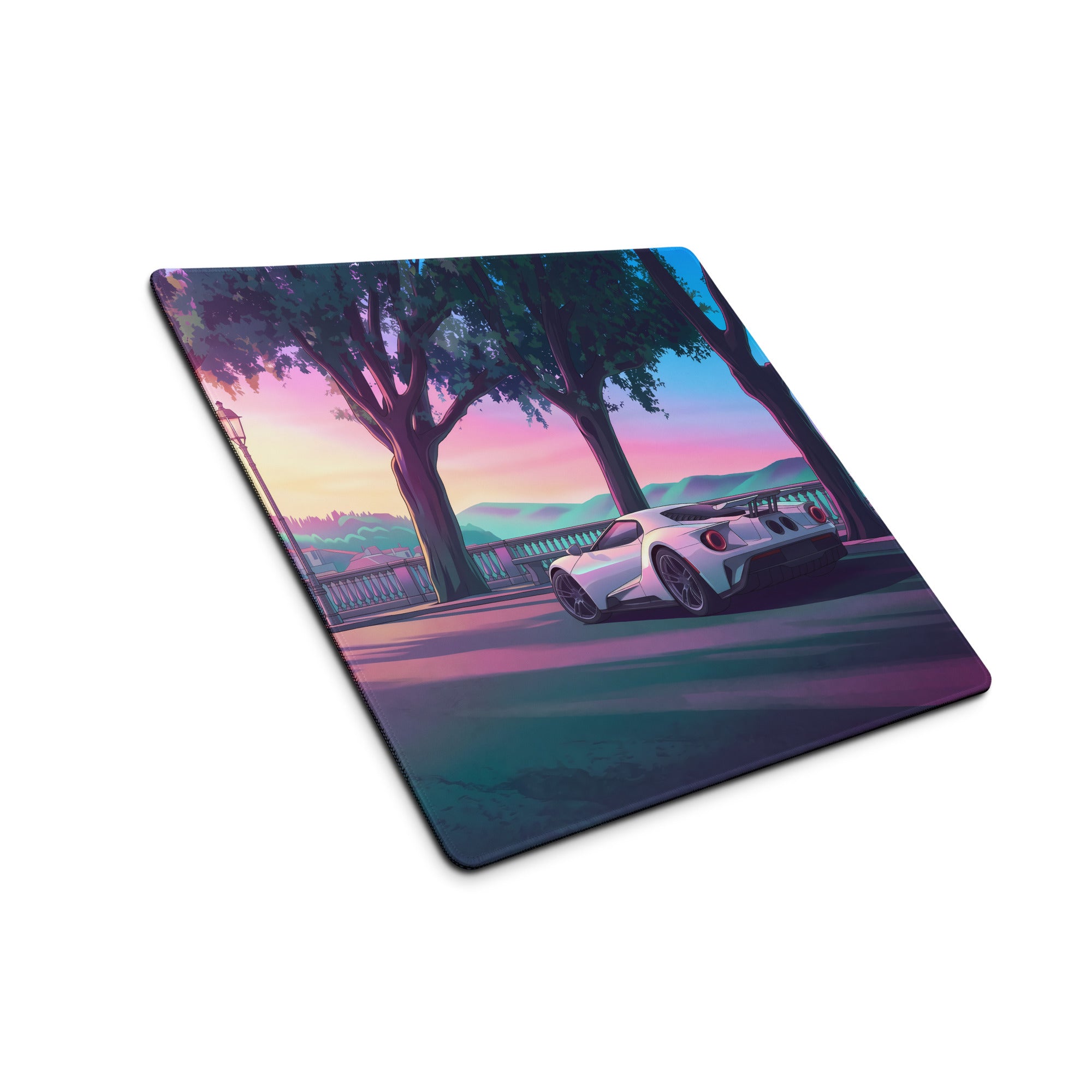 Ford GT Inspired White Pink Vaporwave Gaming Mouse Pad – Dreamy Sunset Boulevard Desk Mat, Retro Futuristic Supercar Digital Landscape Art