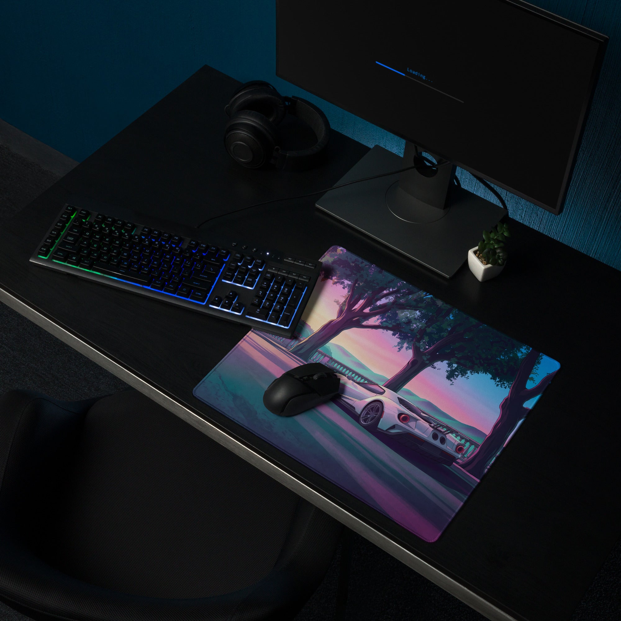 Ford GT Inspired White Pink Vaporwave Gaming Mouse Pad – Dreamy Sunset Boulevard Desk Mat, Retro Futuristic Supercar Digital Landscape Art