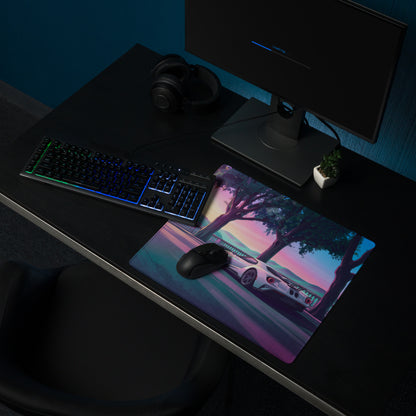 Ford GT Inspired White Pink Vaporwave Gaming Mouse Pad – Dreamy Sunset Boulevard Desk Mat, Retro Futuristic Supercar Digital Landscape Art
