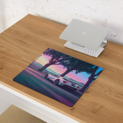 Ford GT Inspired White Pink Vaporwave Gaming Mouse Pad – Dreamy Sunset Boulevard Desk Mat, Retro Futuristic Supercar Digital Landscape Art