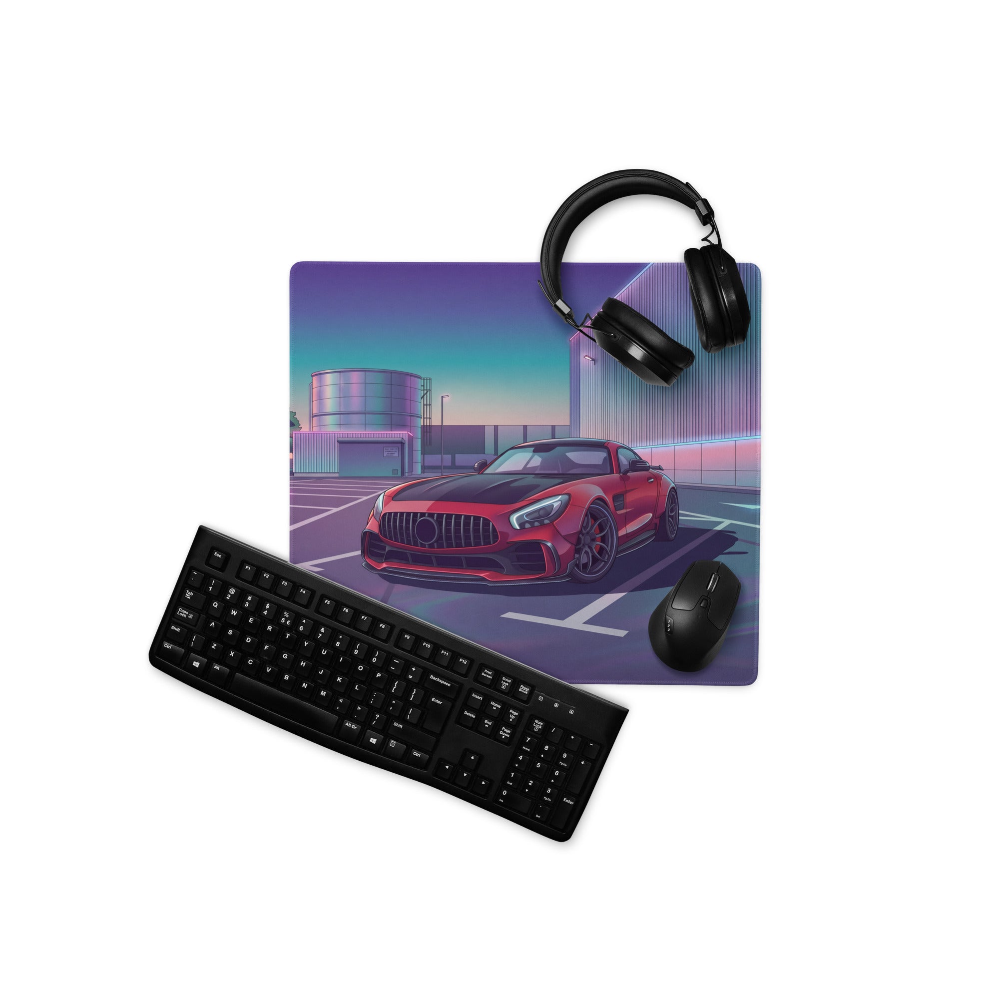Mercedes-AMG GT R Inspired Red Purple Vaporwave Gaming Mouse Pad – Neon Industrial Parking Lot Desk Mat, Retro Futuristic Sports Car Digital Art