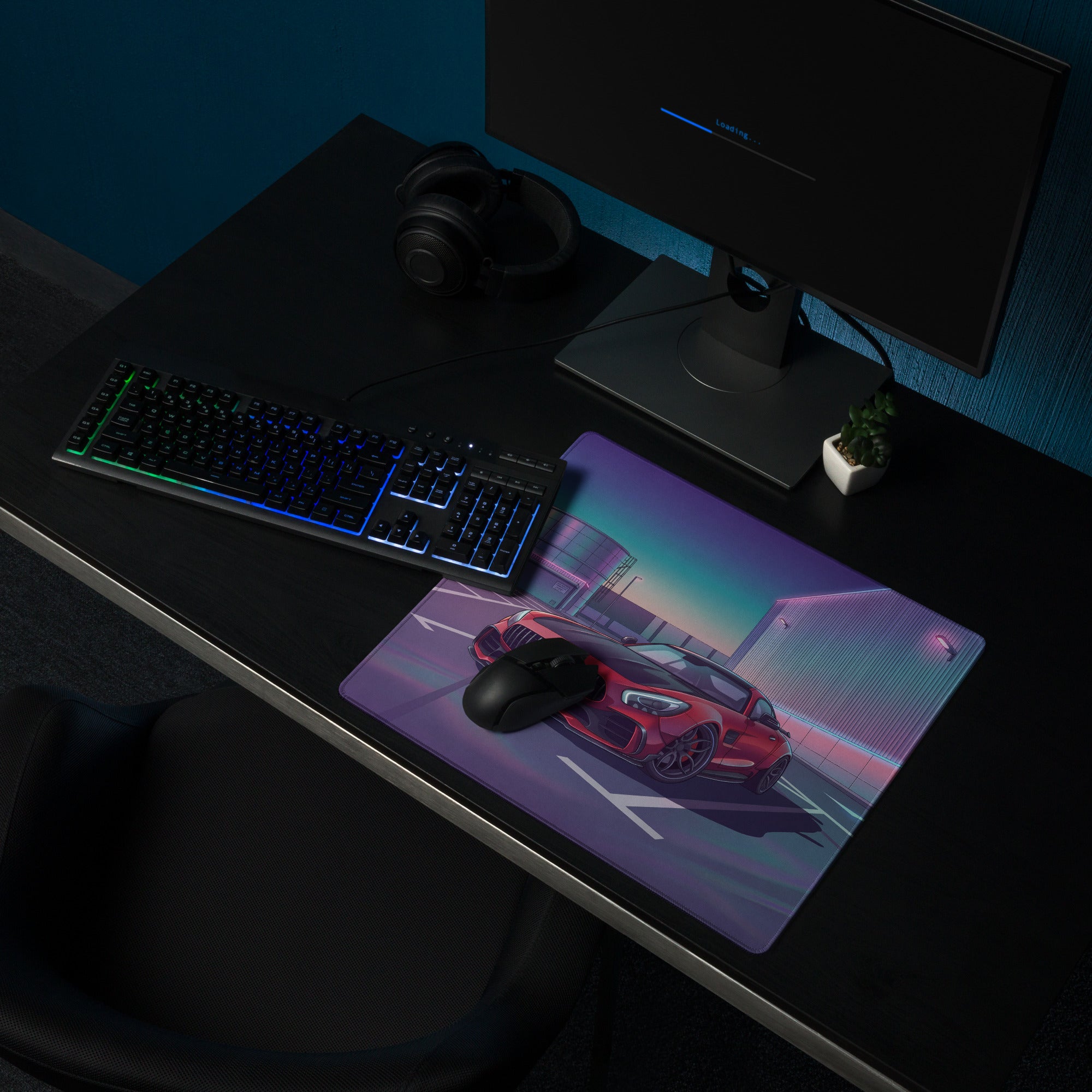 Mercedes-AMG GT R Inspired Red Purple Vaporwave Gaming Mouse Pad – Neon Industrial Parking Lot Desk Mat, Retro Futuristic Sports Car Digital Art