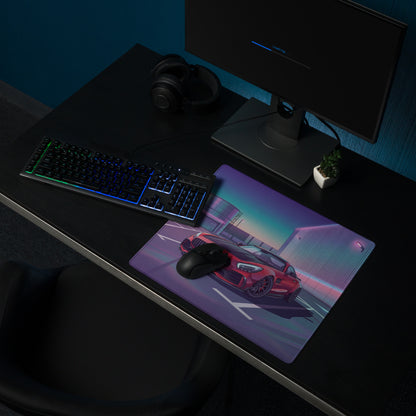 Mercedes-AMG GT R Inspired Red Purple Vaporwave Gaming Mouse Pad – Neon Industrial Parking Lot Desk Mat, Retro Futuristic Sports Car Digital Art