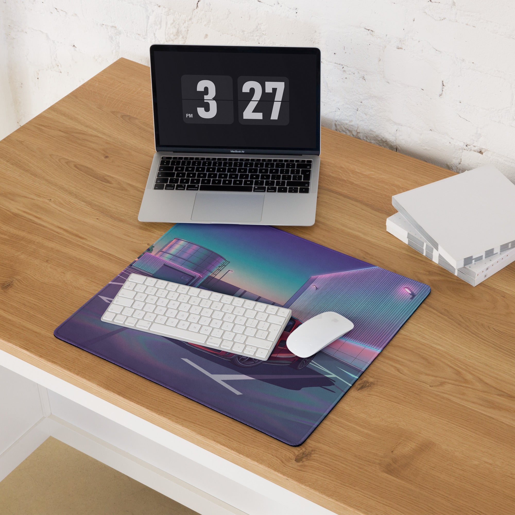 Mercedes-AMG GT R Inspired Red Purple Vaporwave Gaming Mouse Pad – Neon Industrial Parking Lot Desk Mat, Retro Futuristic Sports Car Digital Art
