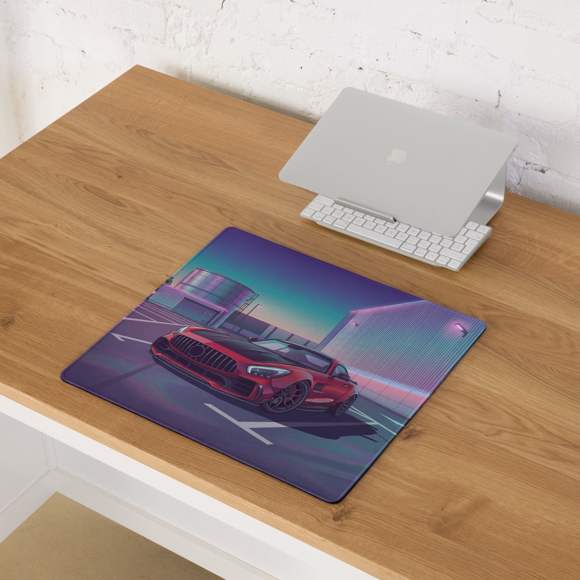 Mercedes-AMG GT R Inspired Red Purple Vaporwave Gaming Mouse Pad – Neon Industrial Parking Lot Desk Mat, Retro Futuristic Sports Car Digital Art