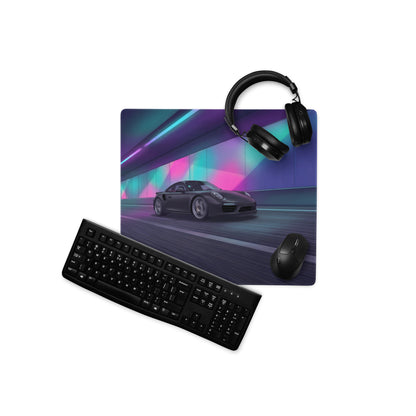 Porsche 911 Turbo S Inspired Black Vaporwave Gaming Mouse Pad – Neon Tunnel Desk Mat, Futuristic Cyberpunk Sports Car Digital Artwork