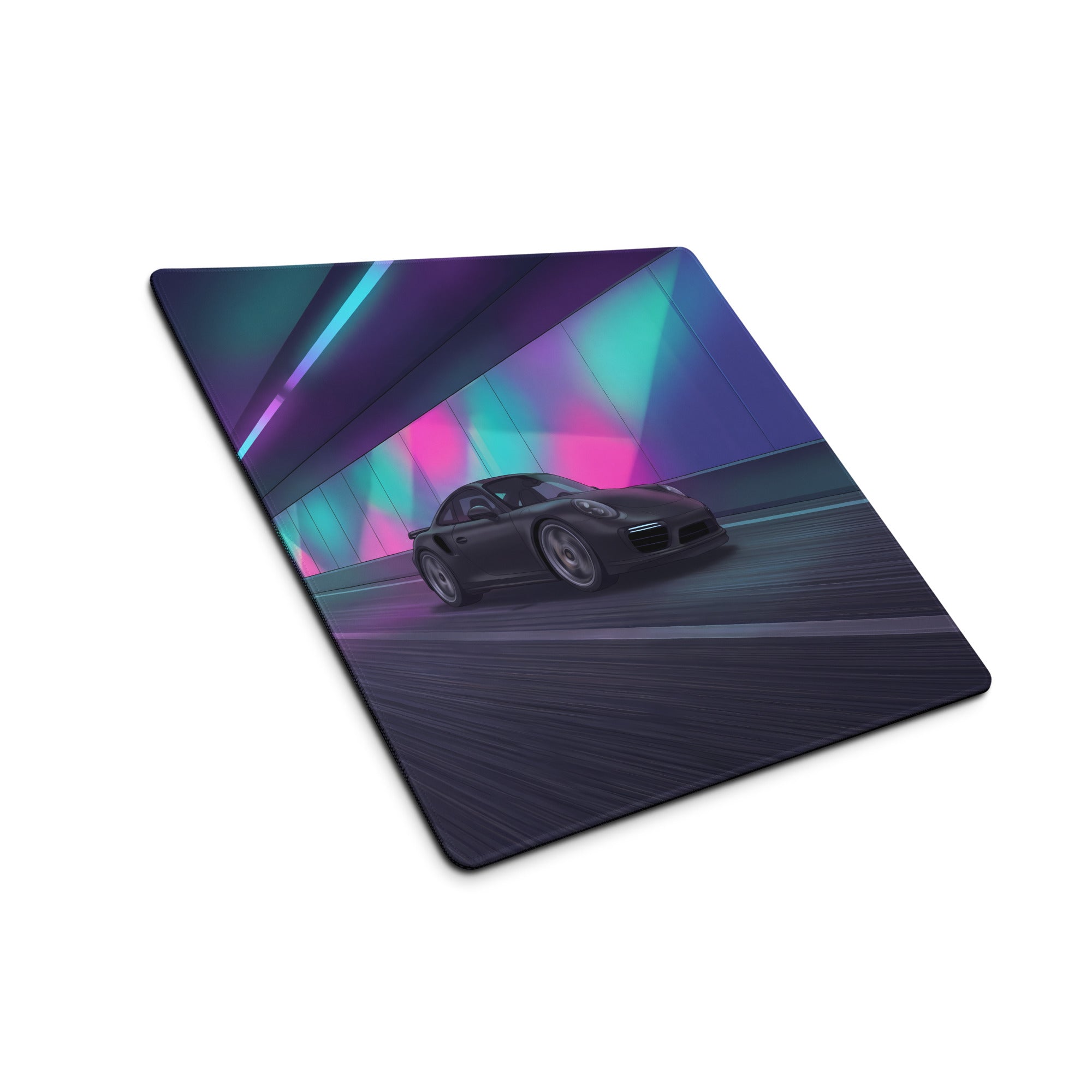 Porsche 911 Turbo S Inspired Black Vaporwave Gaming Mouse Pad – Neon Tunnel Desk Mat, Futuristic Cyberpunk Sports Car Digital Artwork