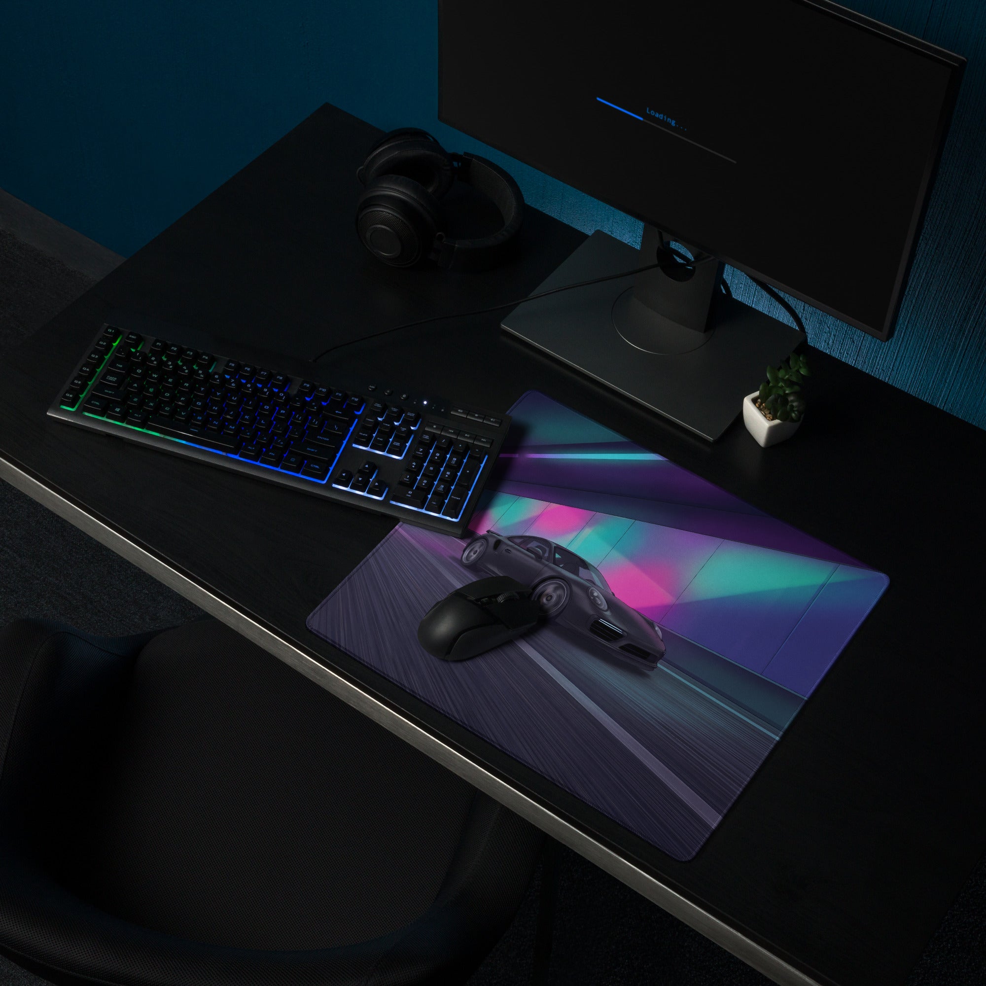 Porsche 911 Turbo S Inspired Black Vaporwave Gaming Mouse Pad – Neon Tunnel Desk Mat, Futuristic Cyberpunk Sports Car Digital Artwork