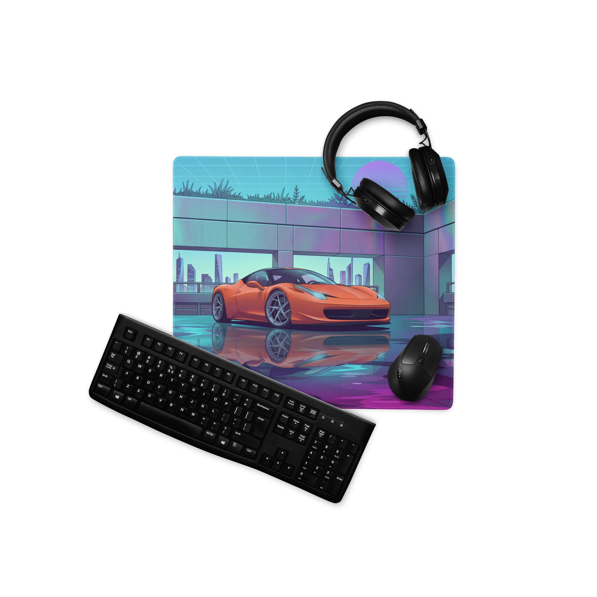 Ferrari 458 Italia Inspired Orange Vaporwave Gaming Mouse Pad – Neon Futuristic City Desk Mat, Retro Cyberpunk Supercar Digital Artwork