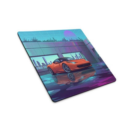 Ferrari 458 Italia Inspired Orange Vaporwave Gaming Mouse Pad – Neon Futuristic City Desk Mat, Retro Cyberpunk Supercar Digital Artwork