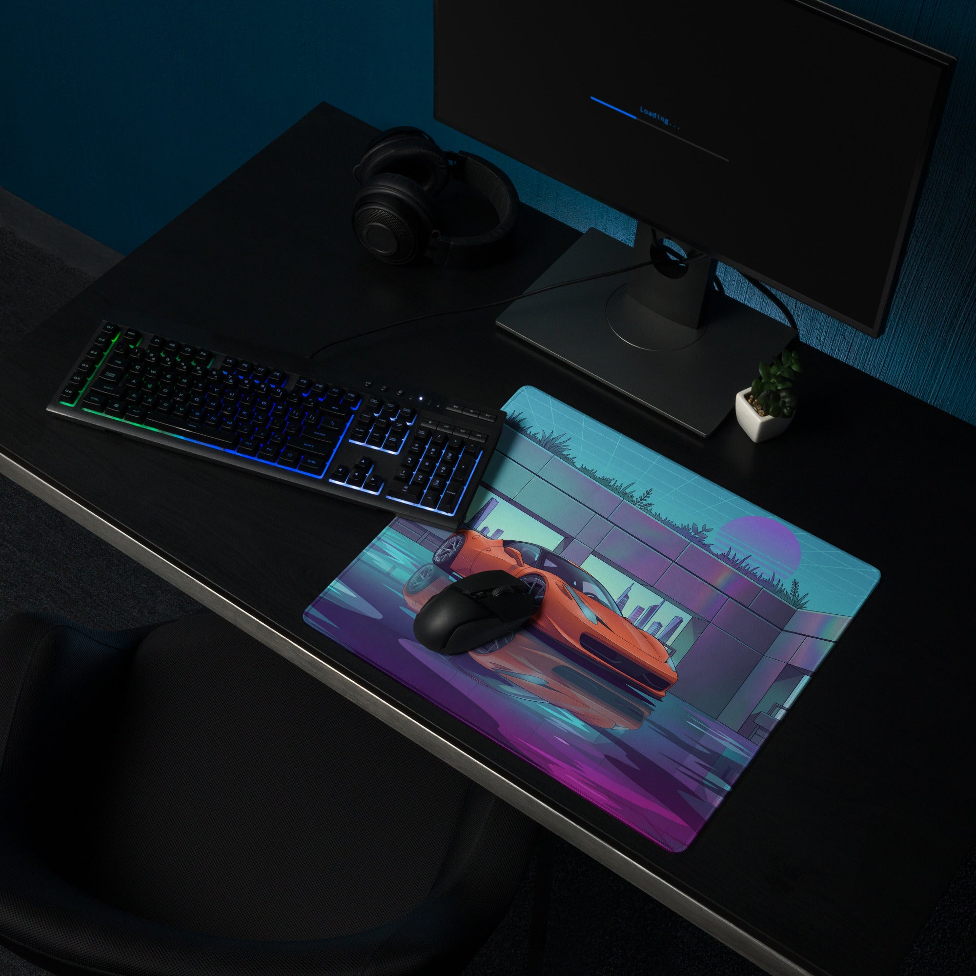 Ferrari 458 Italia Inspired Orange Vaporwave Gaming Mouse Pad – Neon Futuristic City Desk Mat, Retro Cyberpunk Supercar Digital Artwork