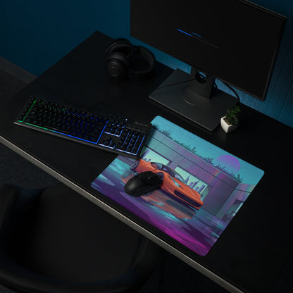 Ferrari 458 Italia Inspired Orange Vaporwave Gaming Mouse Pad – Neon Futuristic City Desk Mat, Retro Cyberpunk Supercar Digital Artwork