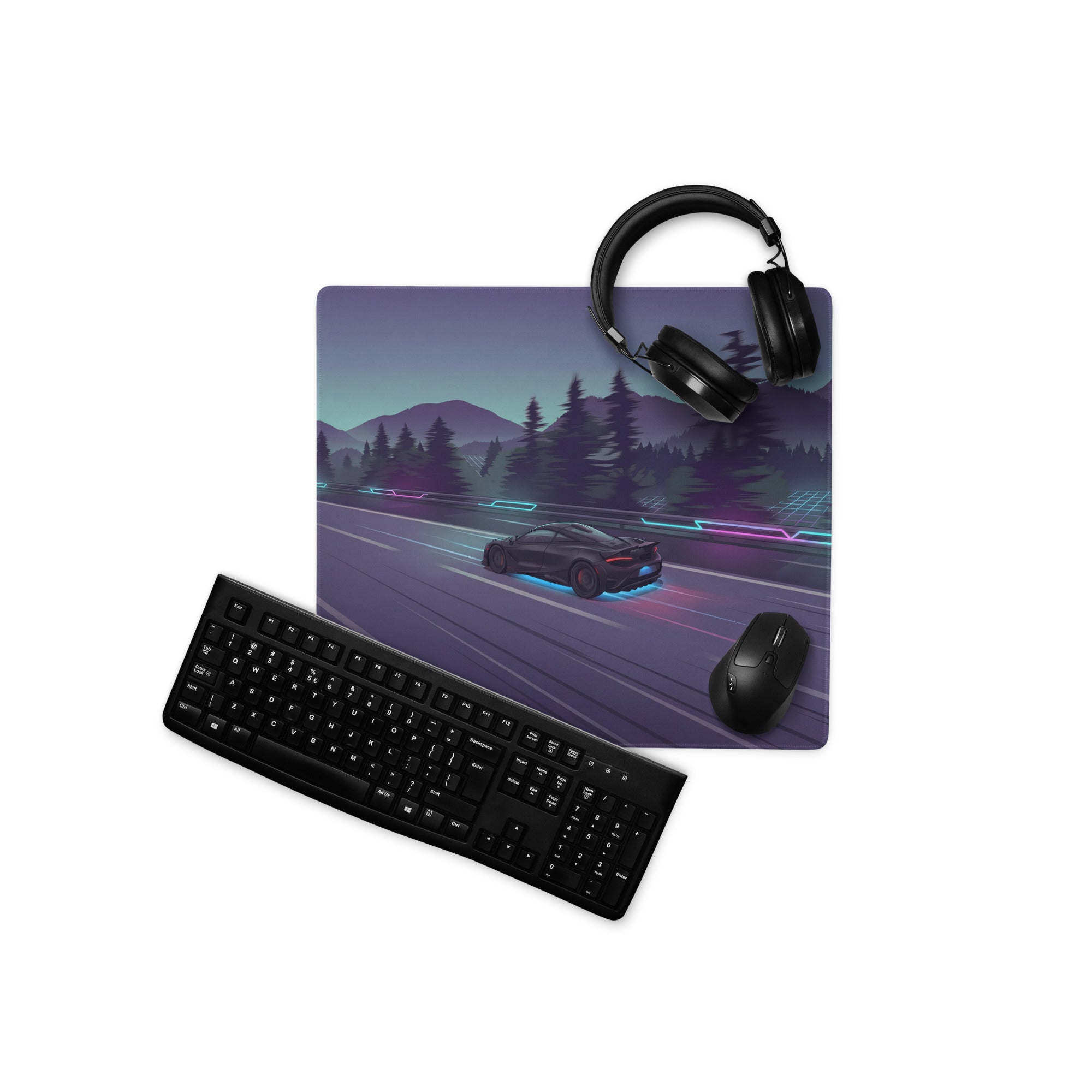 McLaren 765LT Inspired Black Vaporwave Gaming Mouse Pad – Neon Mountain Highway Desk Mat, Futuristic Cyberpunk Supercar Digital Artwork