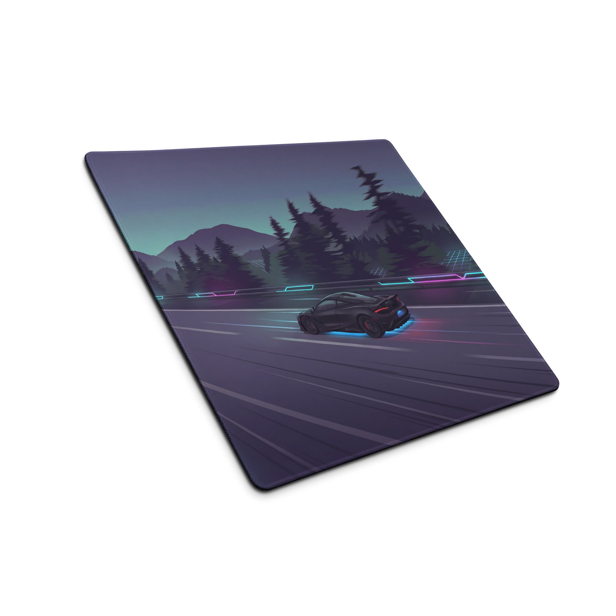 McLaren 765LT Inspired Black Vaporwave Gaming Mouse Pad – Neon Mountain Highway Desk Mat, Futuristic Cyberpunk Supercar Digital Artwork