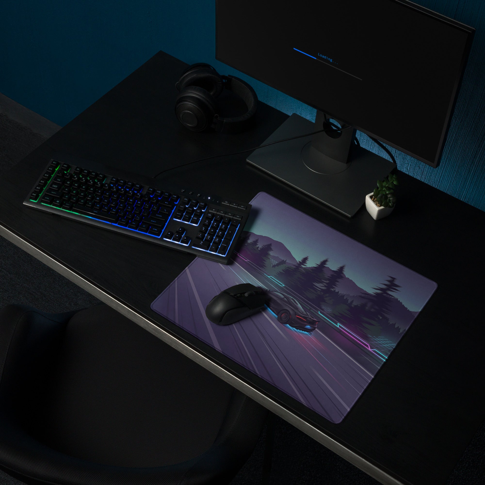 McLaren 765LT Inspired Black Vaporwave Gaming Mouse Pad – Neon Mountain Highway Desk Mat, Futuristic Cyberpunk Supercar Digital Artwork