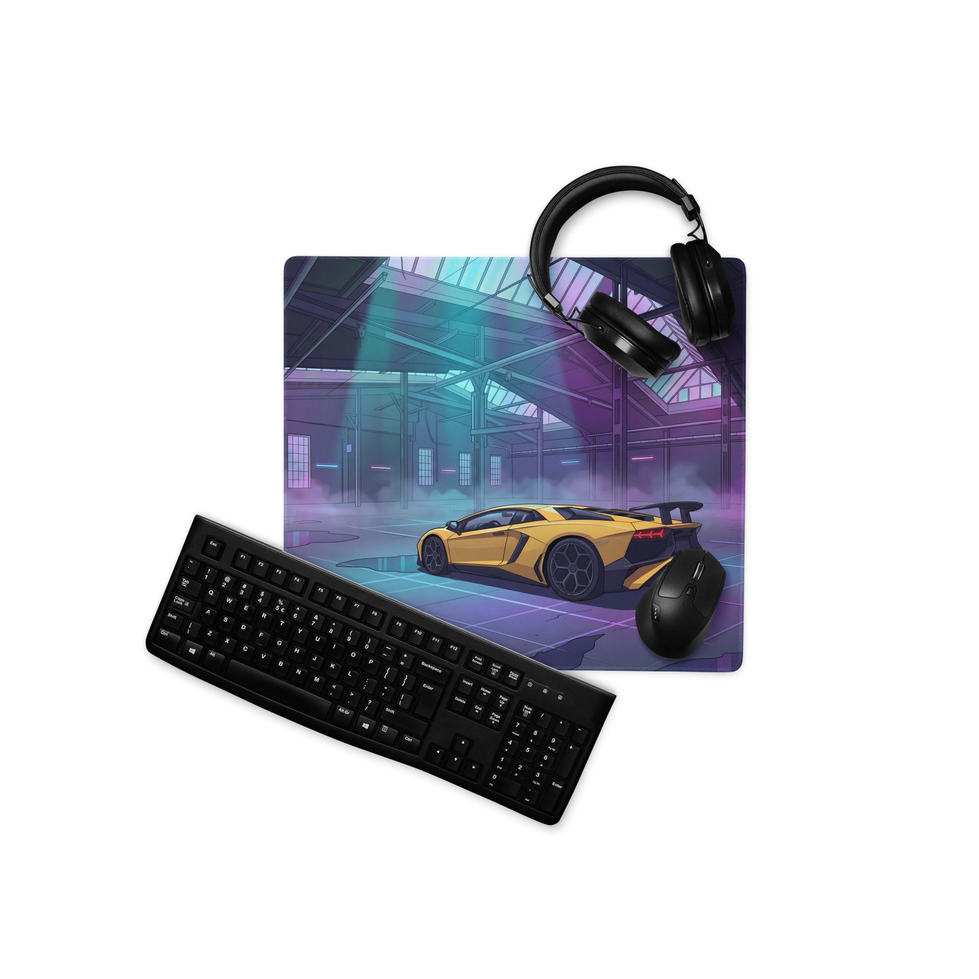 Lamborghini Aventador SVJ Inspired Yellow Vaporwave Gaming Mouse Pad – Neon Industrial Garage Desk Mat, Futuristic Supercar Digital Artwork