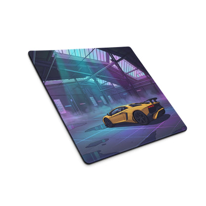 Lamborghini Aventador SVJ Inspired Yellow Vaporwave Gaming Mouse Pad – Neon Industrial Garage Desk Mat, Futuristic Supercar Digital Artwork