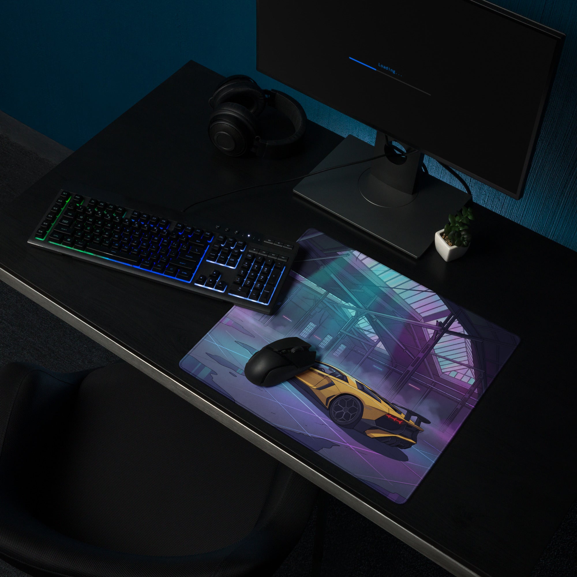 Lamborghini Aventador SVJ Inspired Yellow Vaporwave Gaming Mouse Pad – Neon Industrial Garage Desk Mat, Futuristic Supercar Digital Artwork