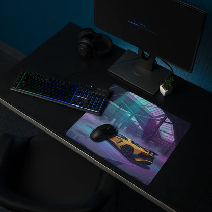 Lamborghini Aventador SVJ Inspired Yellow Vaporwave Gaming Mouse Pad – Neon Industrial Garage Desk Mat, Futuristic Supercar Digital Artwork