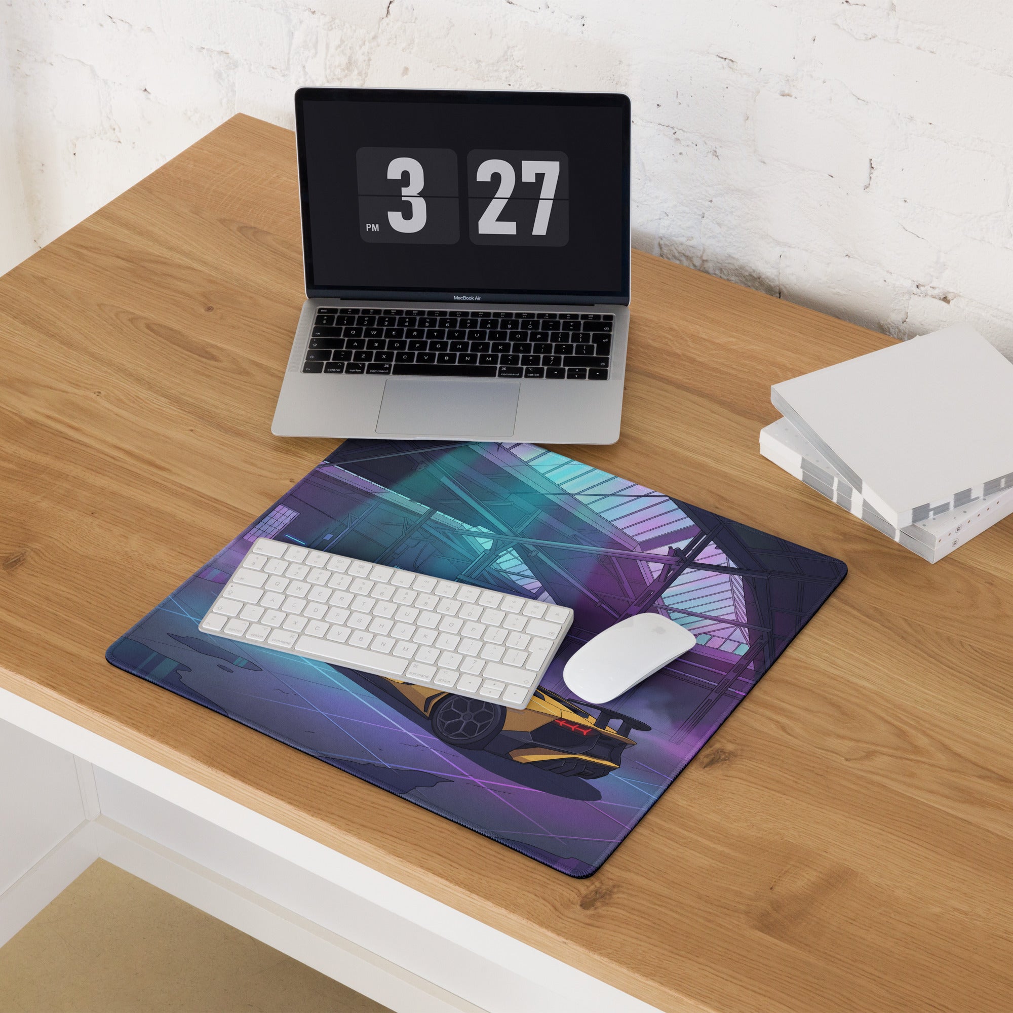 Lamborghini Aventador SVJ Inspired Yellow Vaporwave Gaming Mouse Pad – Neon Industrial Garage Desk Mat, Futuristic Supercar Digital Artwork