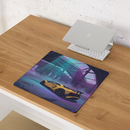Lamborghini Aventador SVJ Inspired Yellow Vaporwave Gaming Mouse Pad – Neon Industrial Garage Desk Mat, Futuristic Supercar Digital Artwork