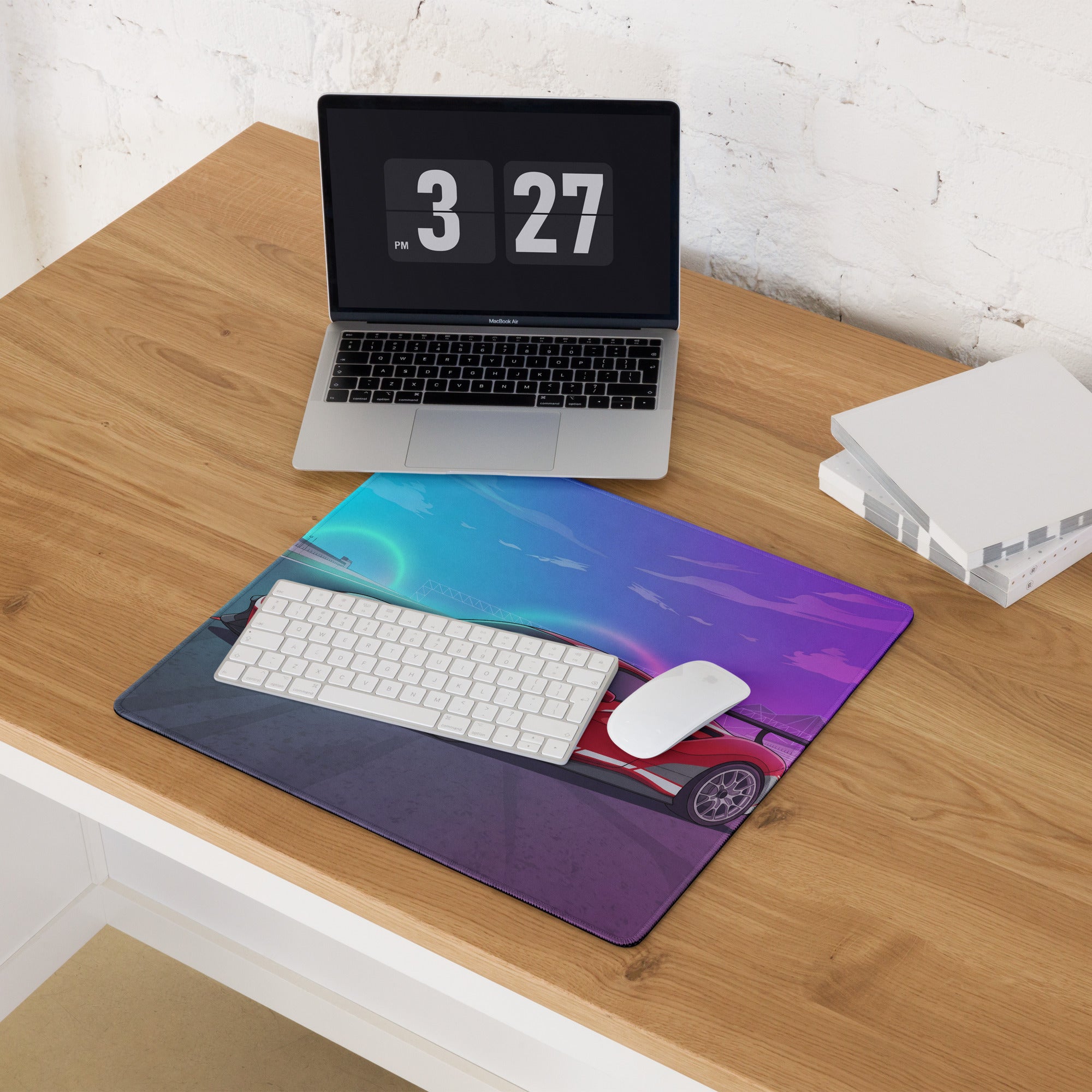 Ferrari 488 Challenge Evo Inspired Red Vaporwave Gaming Mouse Pad – Neon Racetrack Desk Mat, Retro Futuristic Race Car Digital Artwork