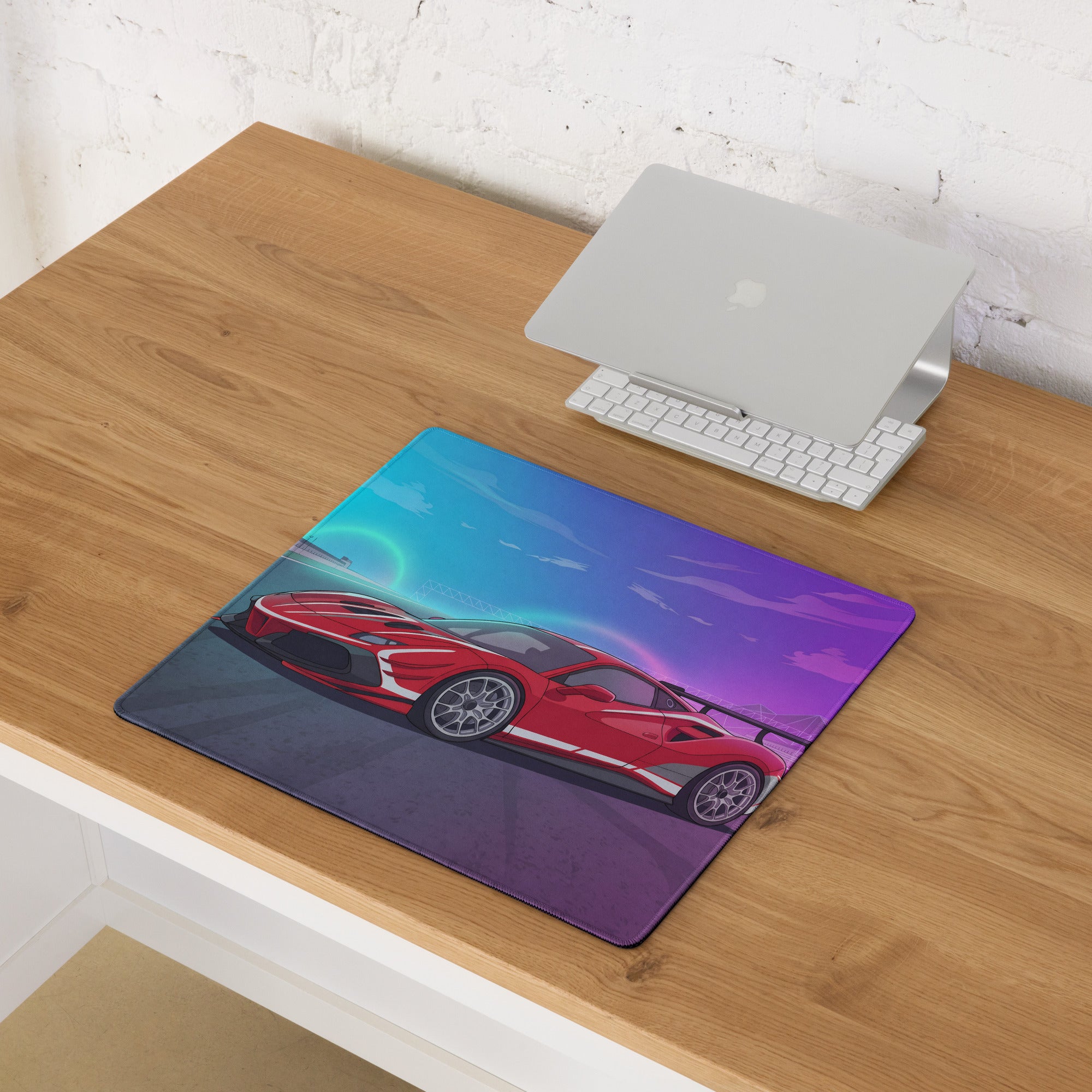 Ferrari 488 Challenge Evo Inspired Red Vaporwave Gaming Mouse Pad – Neon Racetrack Desk Mat, Retro Futuristic Race Car Digital Artwork