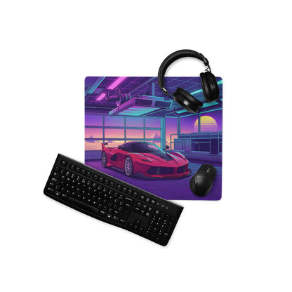 Ferrari FXX-K Evo Inspired Red Purple Vaporwave Gaming Mouse Pad – Neon Garage Desk Mat, Retro Futuristic Hypercar Digital Artwork
