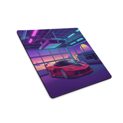 Ferrari FXX-K Evo Inspired Red Purple Vaporwave Gaming Mouse Pad – Neon Garage Desk Mat, Retro Futuristic Hypercar Digital Artwork