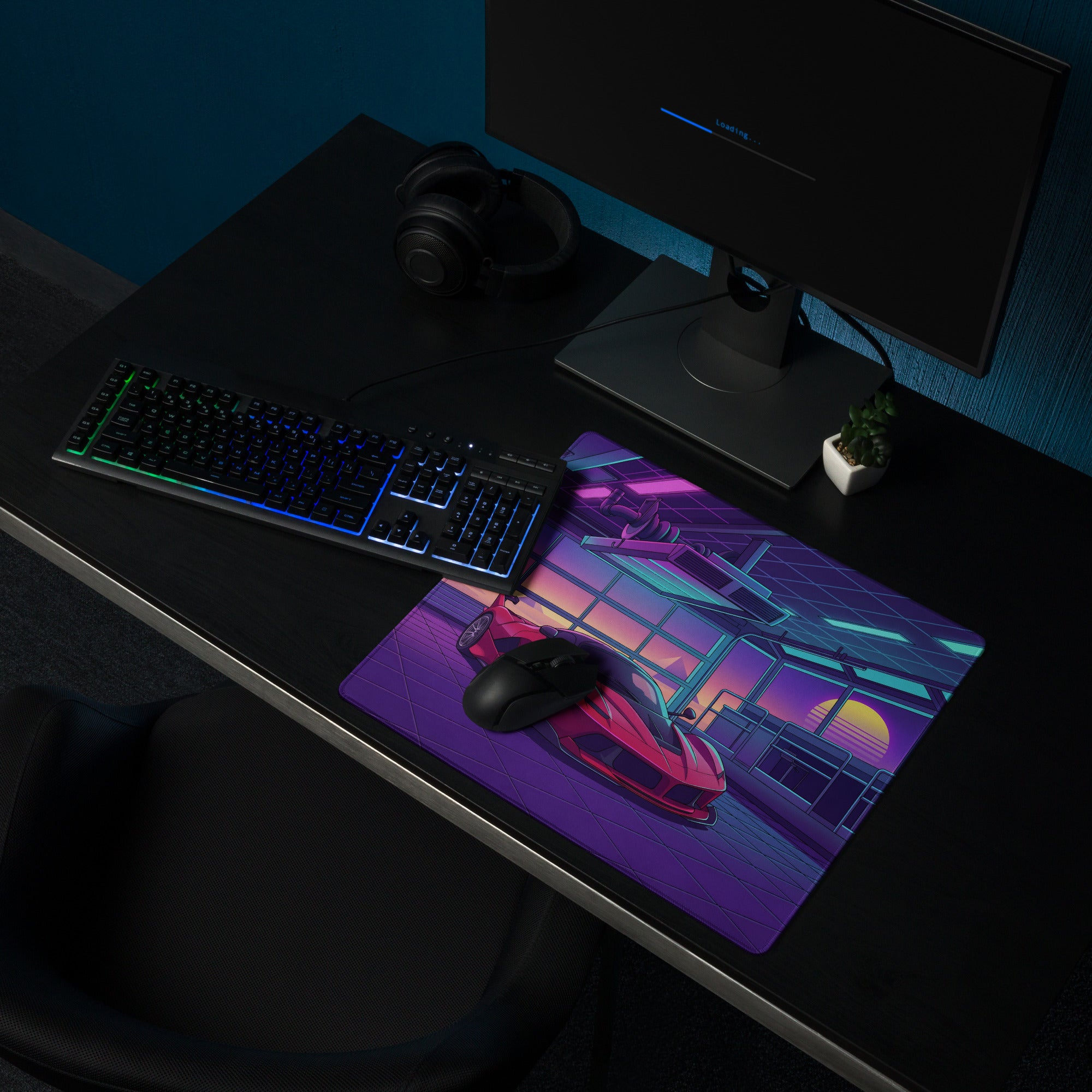 Ferrari FXX-K Evo Inspired Red Purple Vaporwave Gaming Mouse Pad – Neon Garage Desk Mat, Retro Futuristic Hypercar Digital Artwork