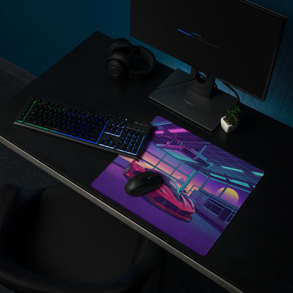 Ferrari FXX-K Evo Inspired Red Purple Vaporwave Gaming Mouse Pad – Neon Garage Desk Mat, Retro Futuristic Hypercar Digital Artwork