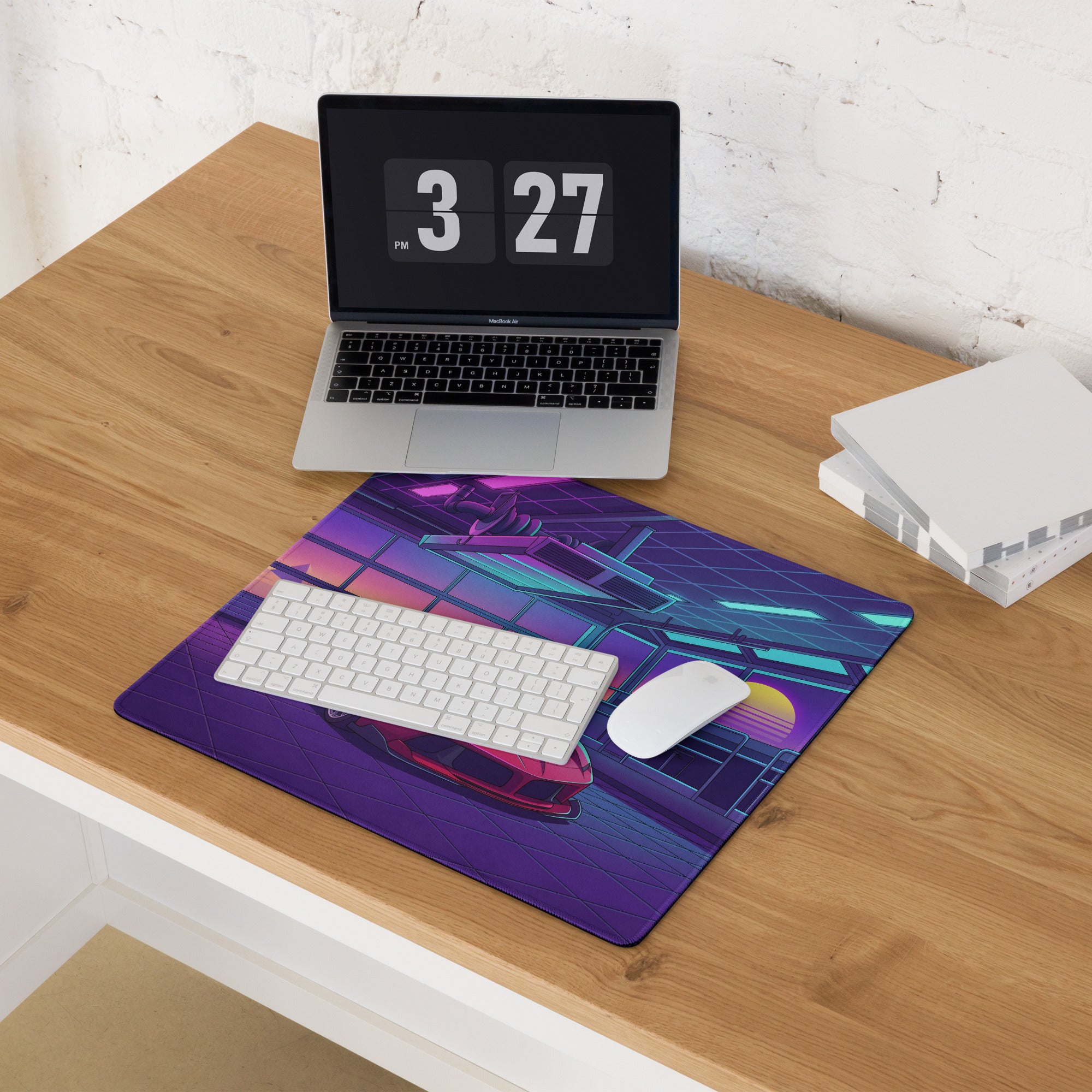 Ferrari FXX-K Evo Inspired Red Purple Vaporwave Gaming Mouse Pad – Neon Garage Desk Mat, Retro Futuristic Hypercar Digital Artwork