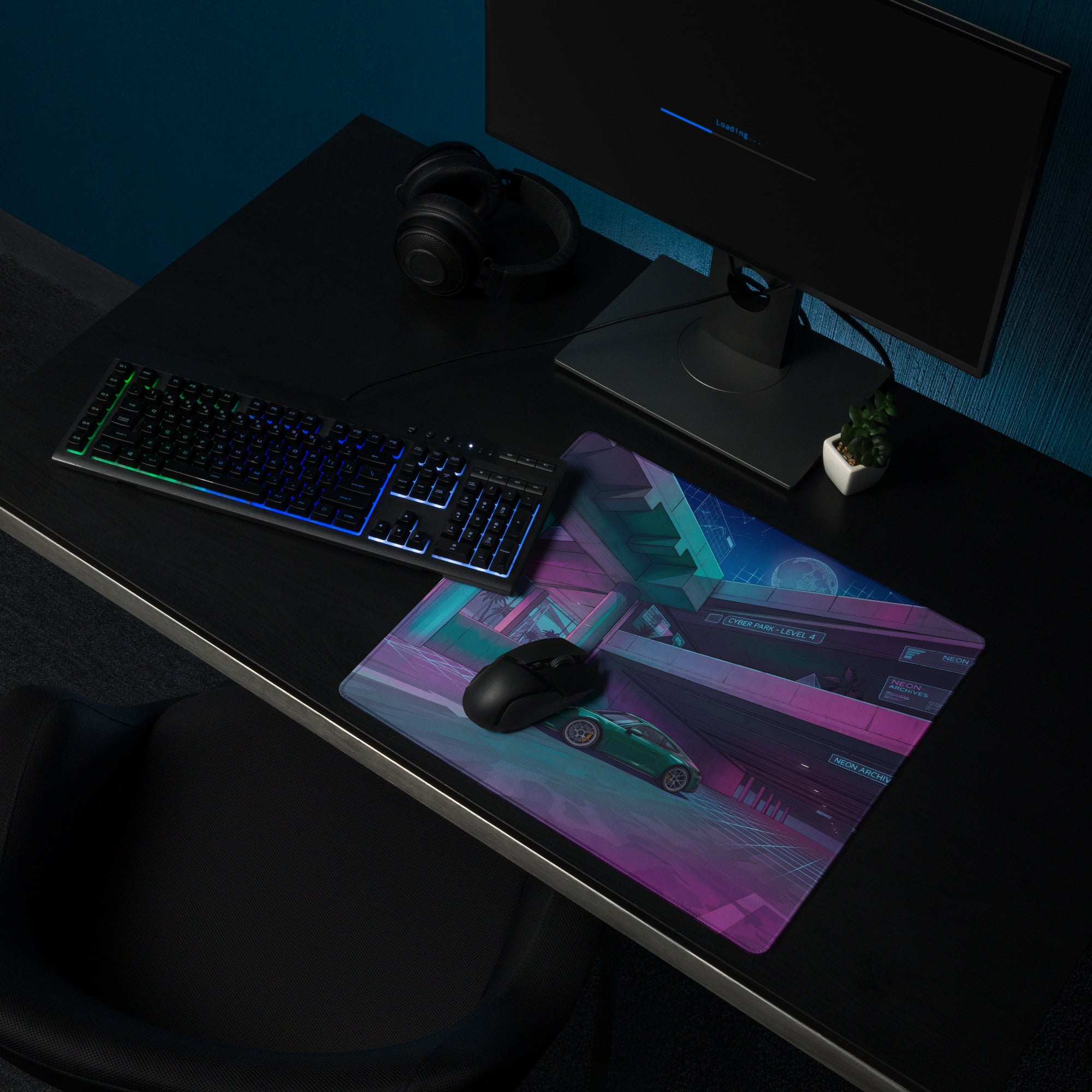 Porsche 911 GT3 Touring Inspired Teal Vaporwave Gaming Mouse Pad – Neon Cyber Park Desk Mat, Retro Futuristic Garage Digital Automotive Art