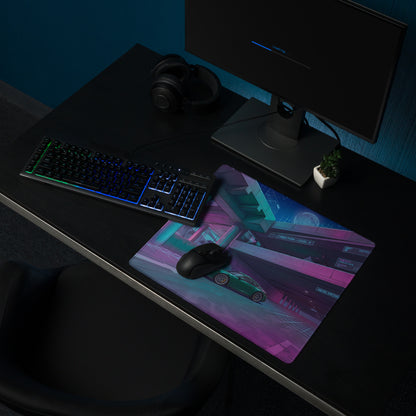 Porsche 911 GT3 Touring Inspired Teal Vaporwave Gaming Mouse Pad – Neon Cyber Park Desk Mat, Retro Futuristic Garage Digital Automotive Art