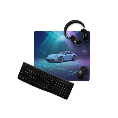 Porsche 911 GT3 Inspired Ice Blue Vaporwave Gaming Mouse Pad – Neon Cyan Purple Desk Mat, Futuristic Geometric Sports Car Digital Artwork